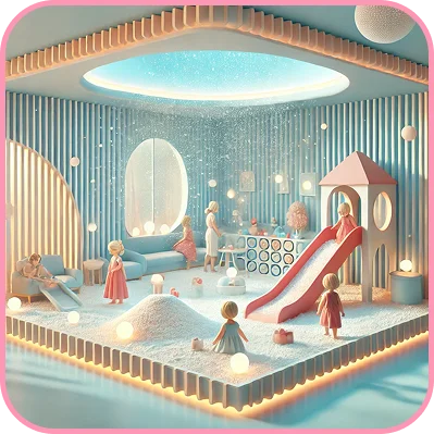 „2D/3D-Animationsbild: Kinder rutschen und spielen im BabyBeach Indoor-Salzspielplatz, während Salz-Vernebelung wie Schneeflocken aus der Decke fällt.“
