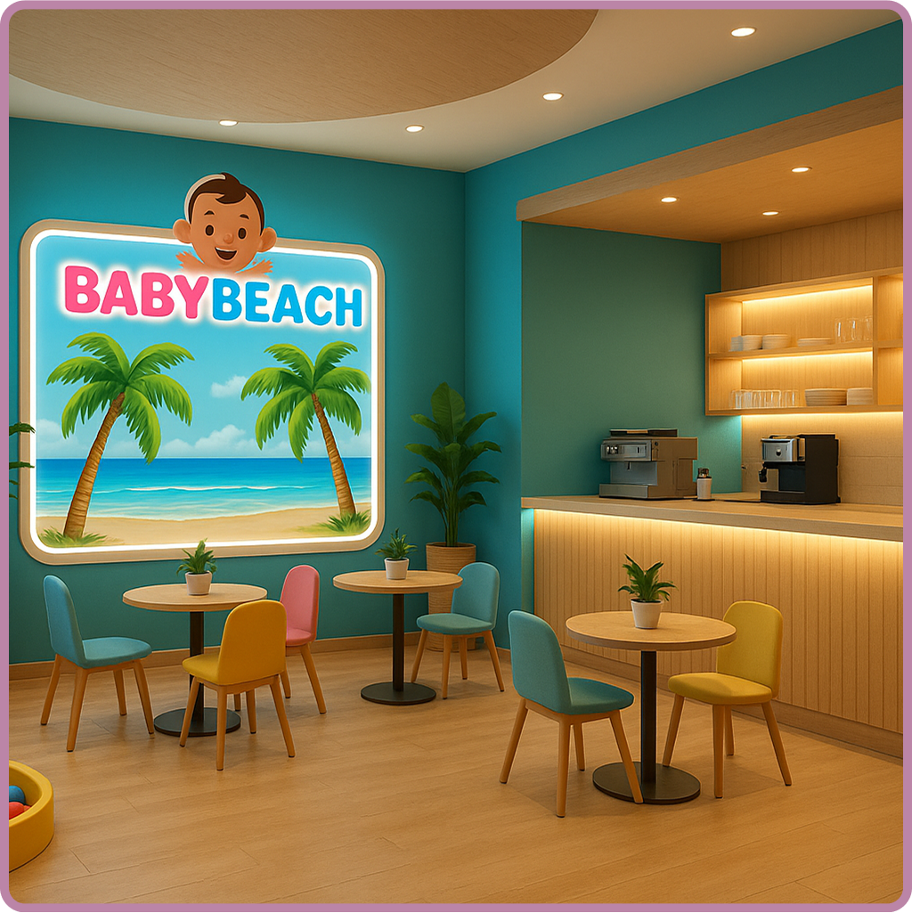 „Kinder spielen im Sand, im Hintergrund BabyBeach Indoor-Spielplatz in der Nähe – 2D/3D realistische Darstellung.“
