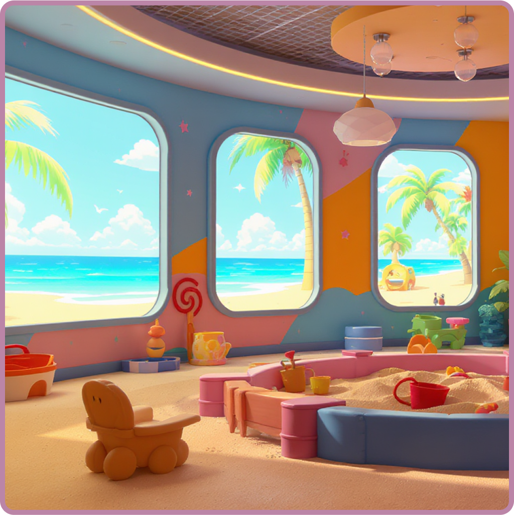 2d-3d bild BabyBeach Indoor-Salzspielplatz mit großen Fenstern und Spielbereich – moderner Indoor-Spielplatz in der Nähe.“