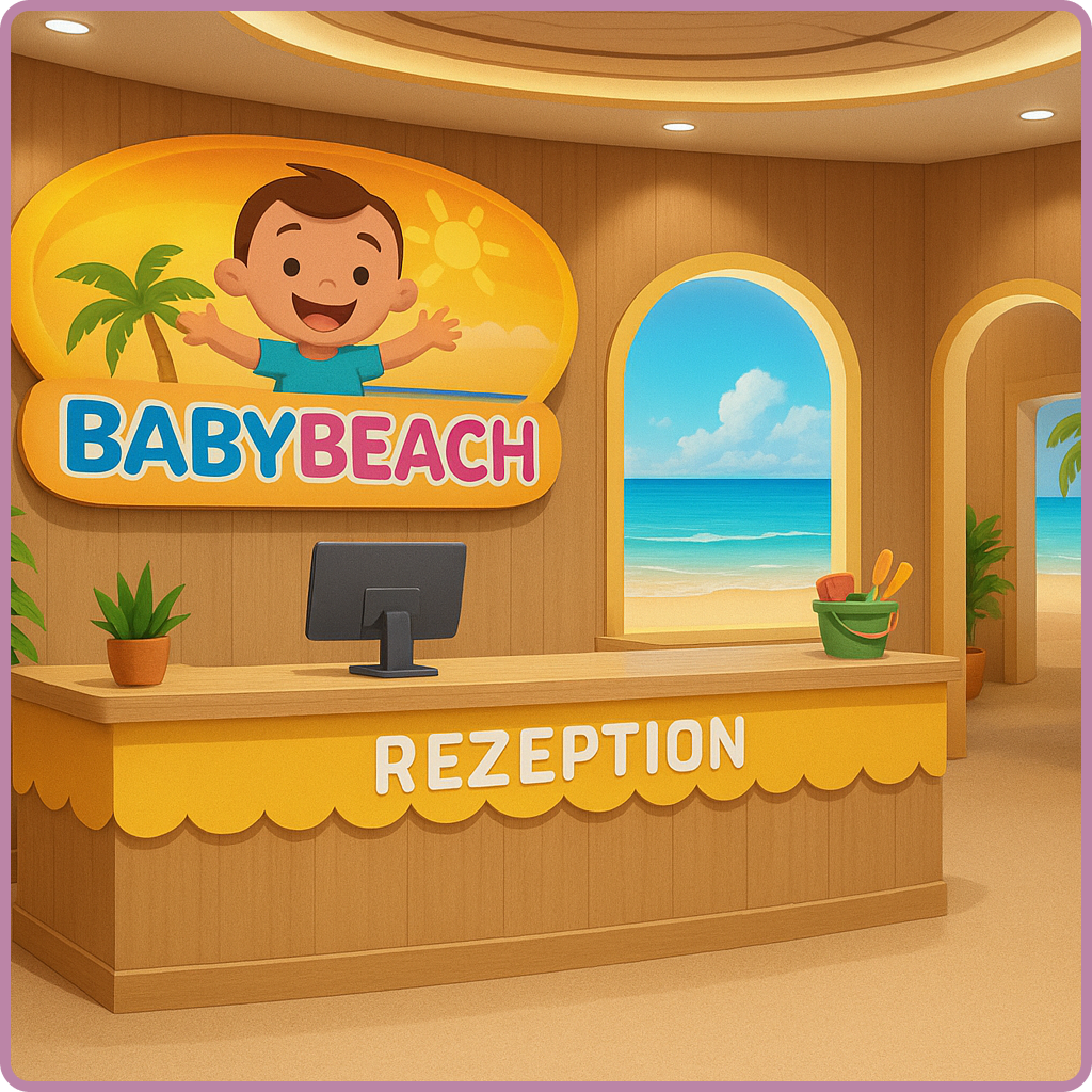 2d-3d bild BabyBeach Rezeption im Indoor-Salzspielplatz – Empfangsbereich für Familien mit Kindern im Indoor-Spielplatz in der Nähe.“