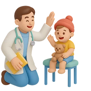 „3D-Animation: Arzt gibt einem Kind einen Handschlag im BabyBeach Indoor-Salzspielplatz.“