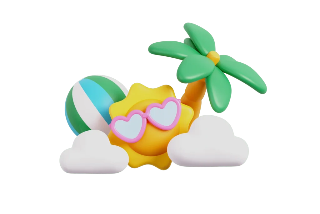 3D-Animation einer Sonne mit rosa Herzbrille und Palme – Symbol für BabyBeach Indoor-Salzspielplatz.“