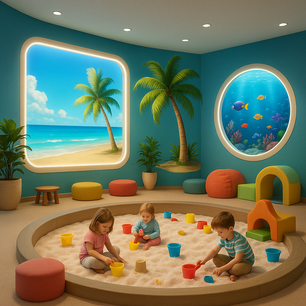 2d-3d bild Kinder spielen im BabyBeach Indoor-Salzspielplatz mit großen Fenstern und heller Spielumgebung