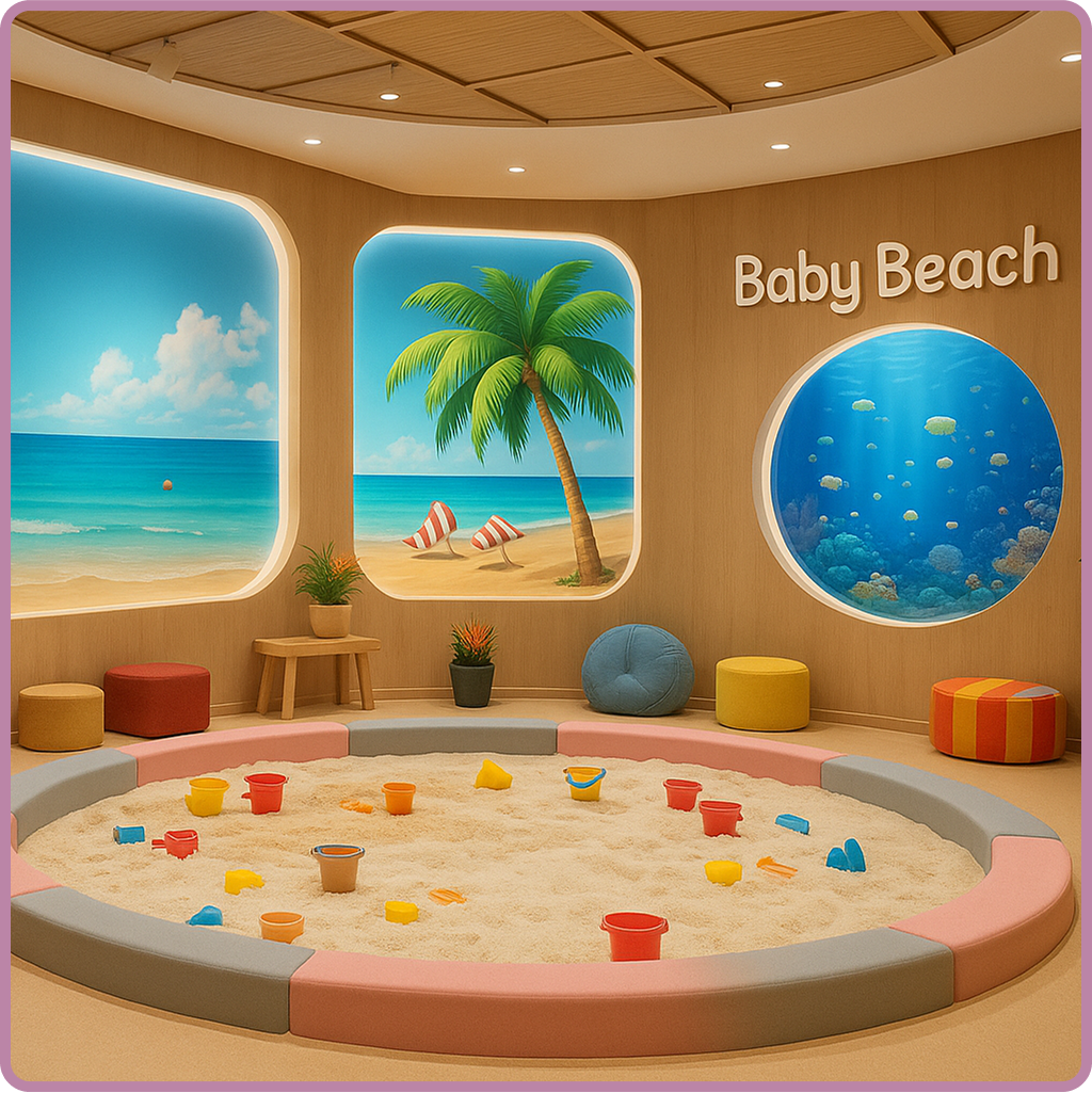 „2D/3D Bild: Kinder bauen im Sand, Indoor-Kinderspielplatz BabyBeach im Hintergrund – Spiel und Familienzeit.“