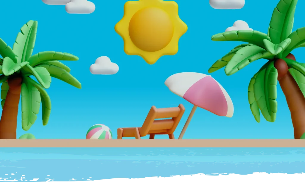 „3D-Animation: Liegestuhl mit Sonne und blauem Himmel – Symbol für BabyBeach Indoor-Salzspielplatz.“