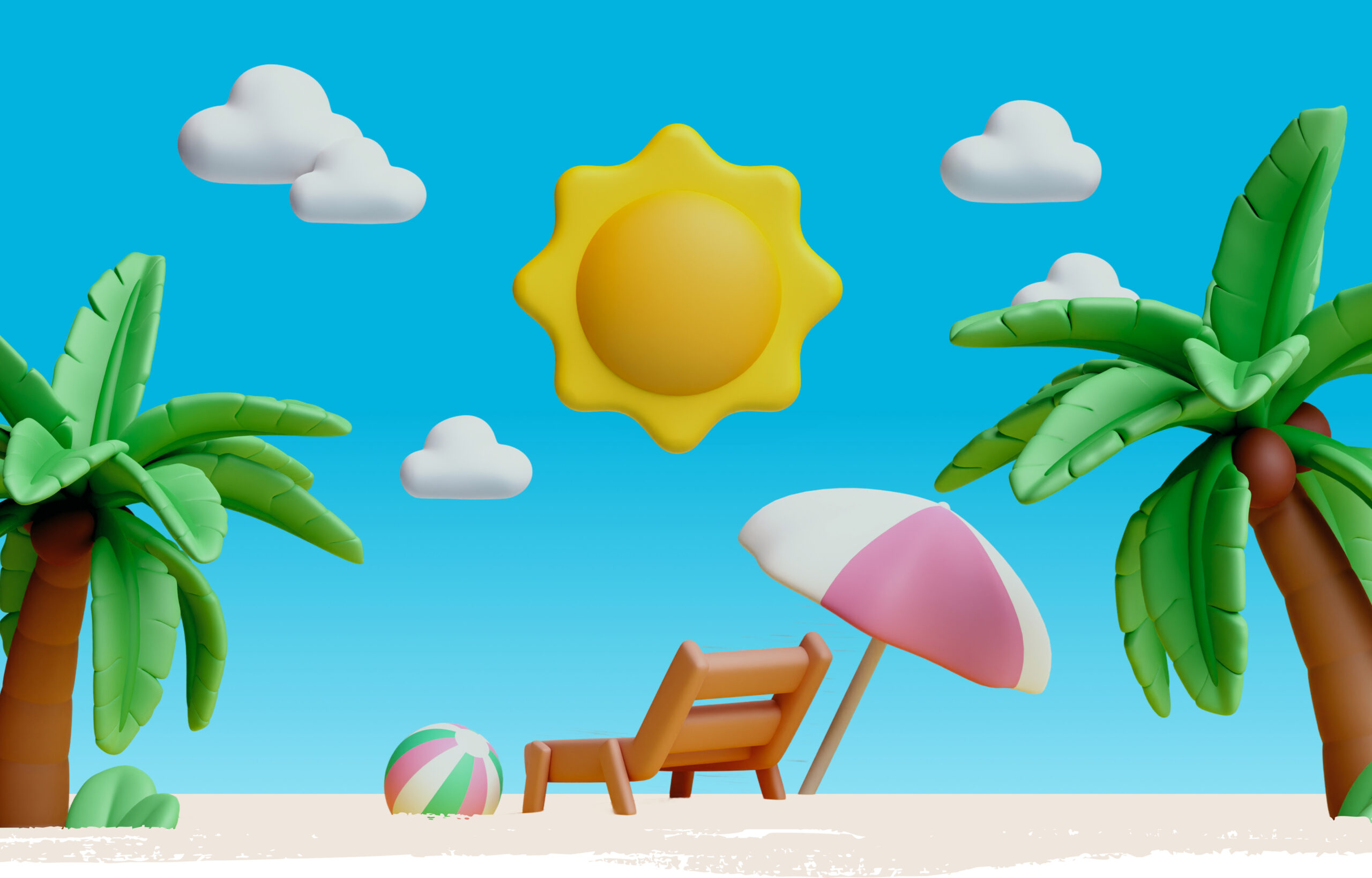 „3D-Animation: Liegestuhl mit Sonne und blauem Himmel – Symbol für BabyBeach Indoor-Salzspielplatz.“