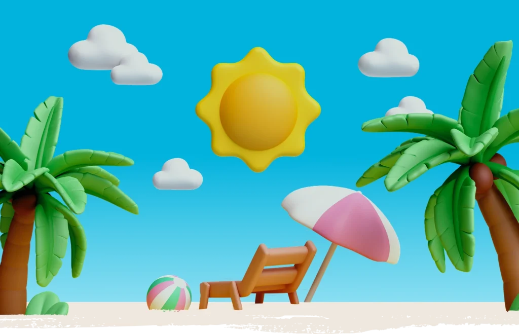 „3D-Animation: Liegestuhl mit Sonne und blauem Himmel – Symbol für BabyBeach Indoor-Salzspielplatz.“