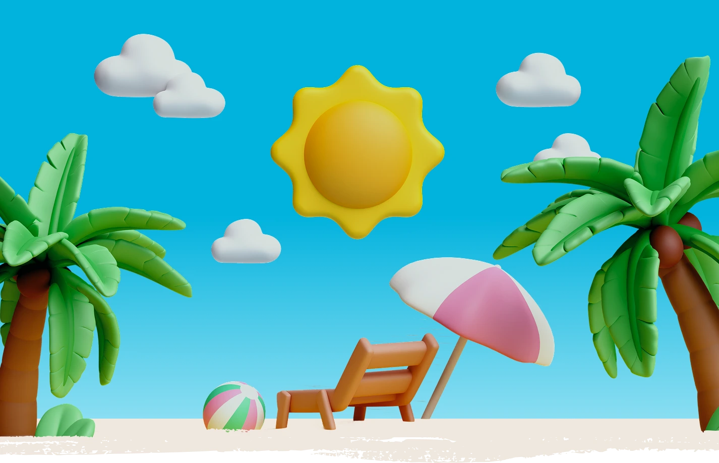 „3D-Animation: Liegestuhl mit Sonne und blauem Himmel – Symbol für BabyBeach Indoor-Salzspielplatz.“