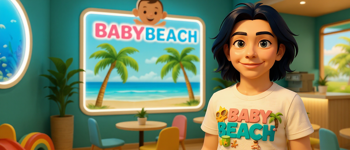 „Irina Eirich, Gründerin von BabyBeach, vor 3D-Animation mit BabyBeach-Logo und Palmen – Indoor-Salzspielplatz für Familien“