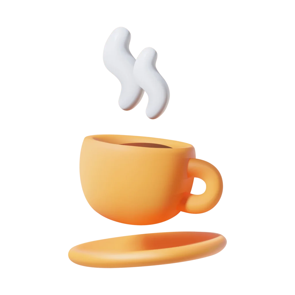 3D-Animation einer schwebenden Kaffeetasse im BabyBeach Indoor-Spielplatz.“